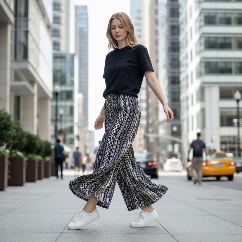 Stylish Navy & White Patterned Pants